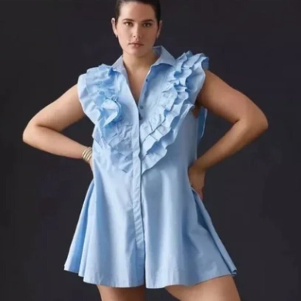 Anthropologie Maeve Light Blue Ruffled Button-Front Mini Dress – Size 18W